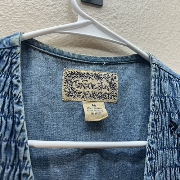 Vtg Denim Vest Black Floral Embroidered Chambray Western Cottagecore Prairie M - Picture 2 of 5